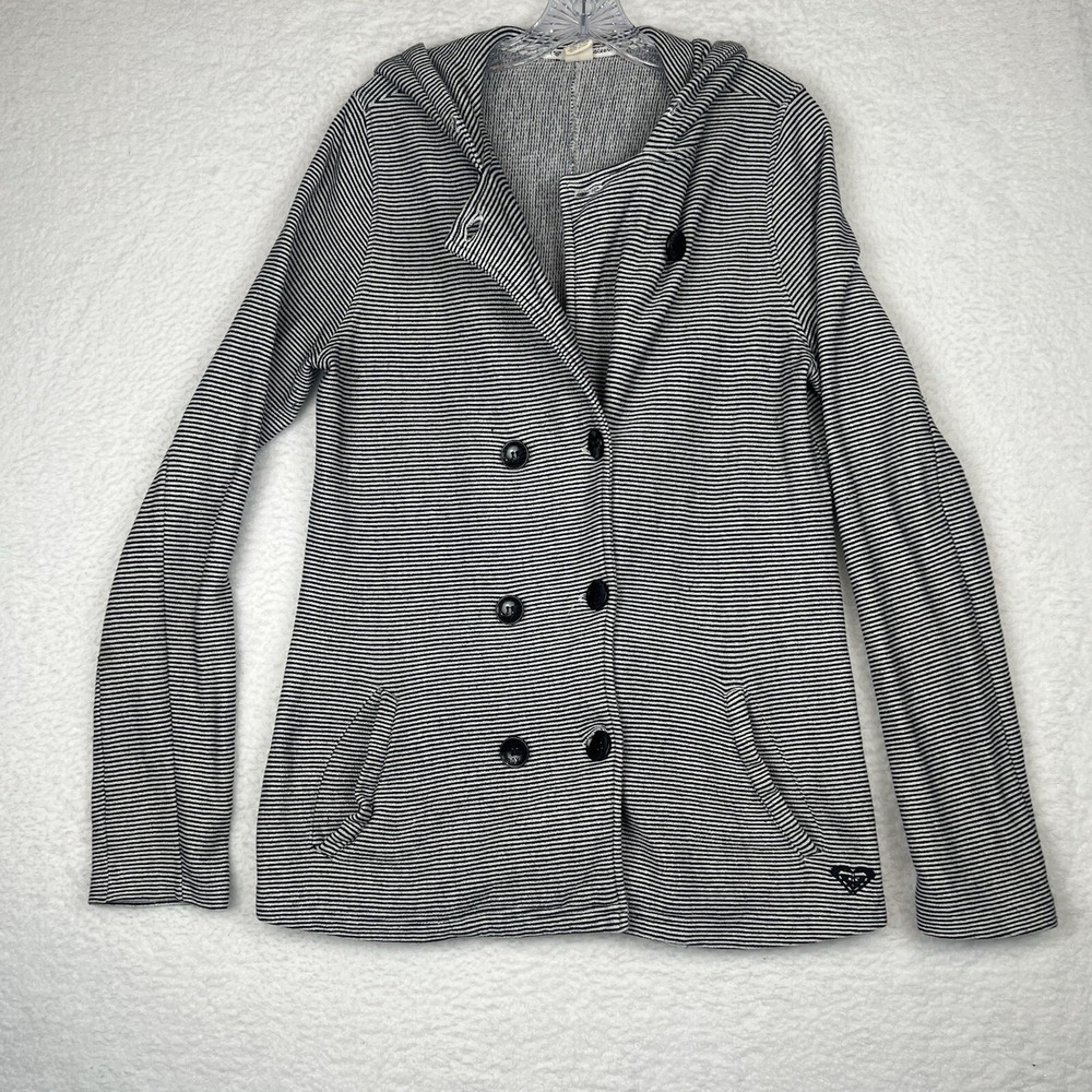 Vintage Roxy Hooded Button Up Jacket Nautical Retro Black Gray Stripe Women's XL